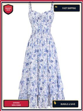 Smocked Sundress Ankle Length Flowy Floral Dress with Pockets